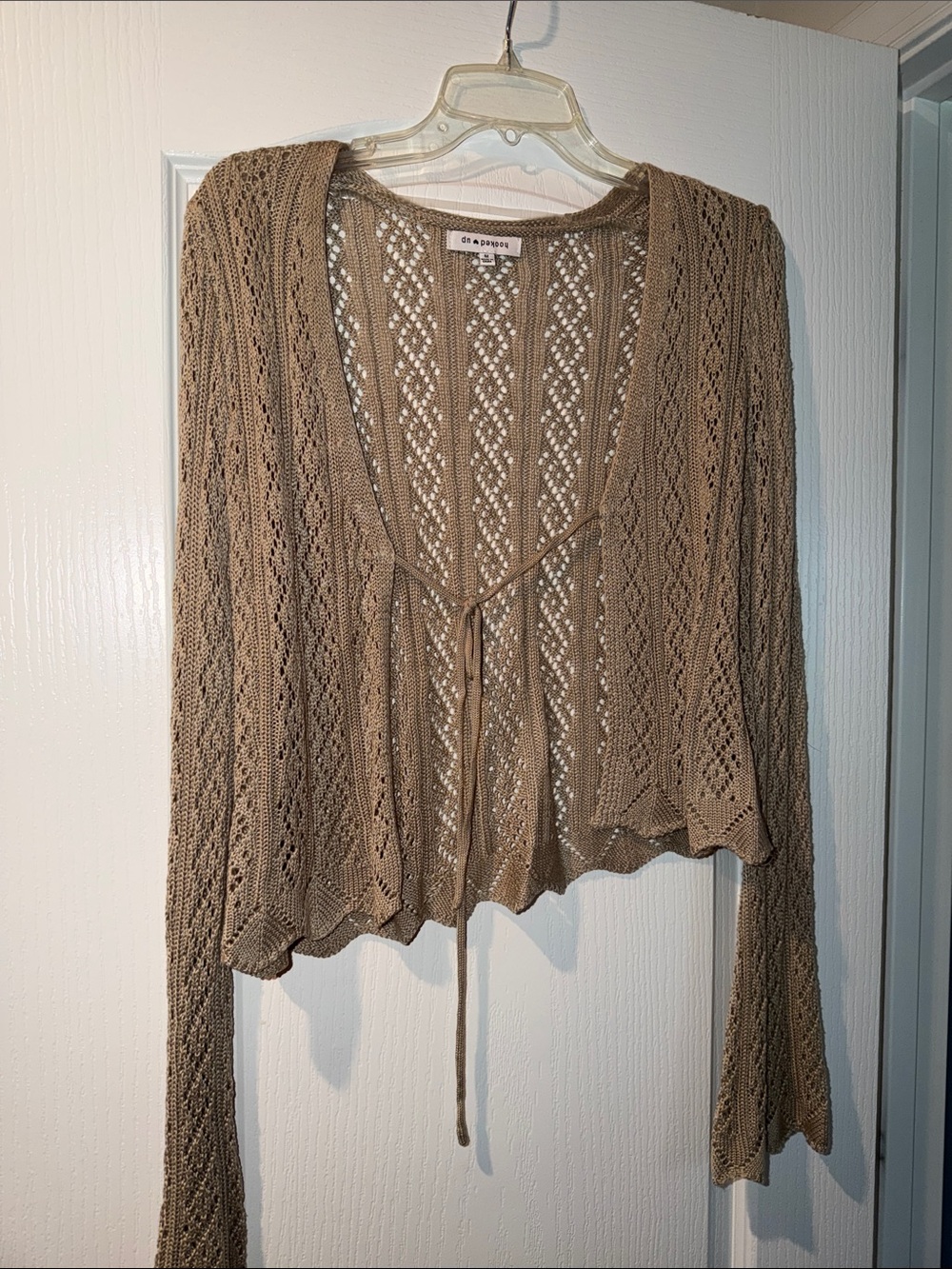 Hooked Up by IOT Taupe Crochet Tie-Front Cardigan